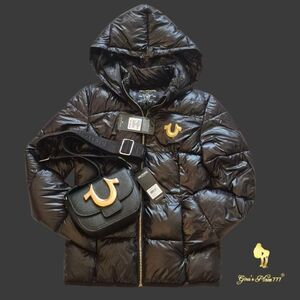 NWT True Religion Bundle:  Womens Black & Gold Hood Puffer Coat & Crossbody Bag